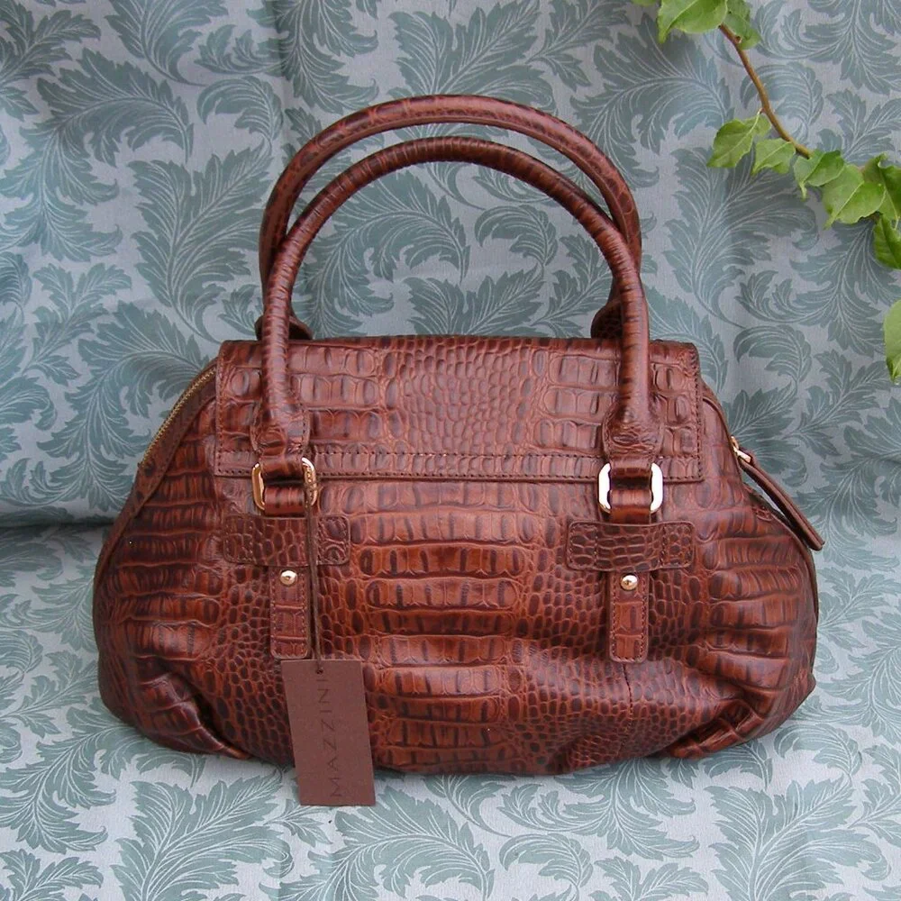 NEW MAZZINI Brown Leather Bag w/Tag Croc Embossed